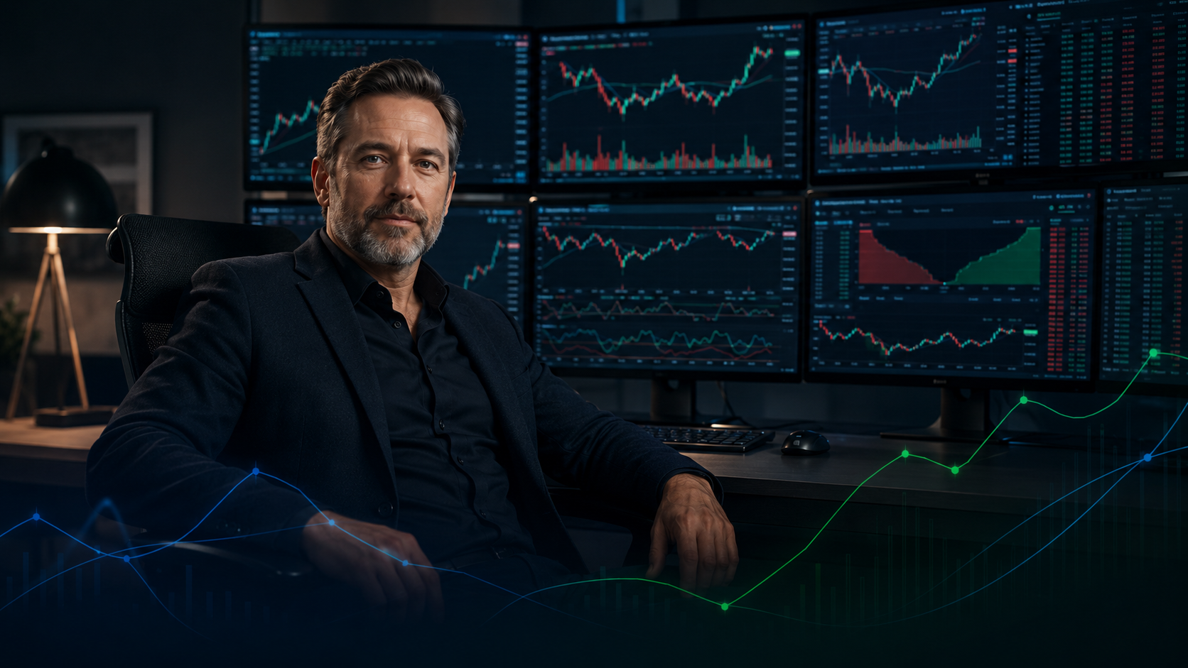 Experienced trader at multi-monitor trading workstation